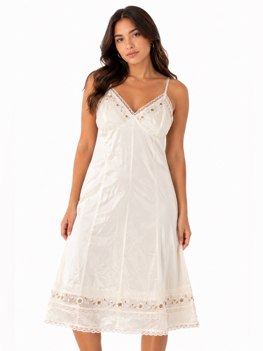 60s European Vintage St Michael Nylon Lace Floral Embroidered Slip Dress Cream M